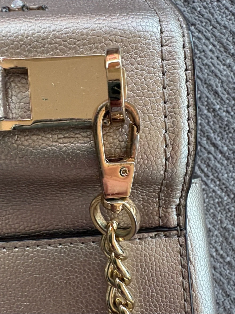 kate spade metallic taupe/beige leather top-handle satchel with gold-tone chain